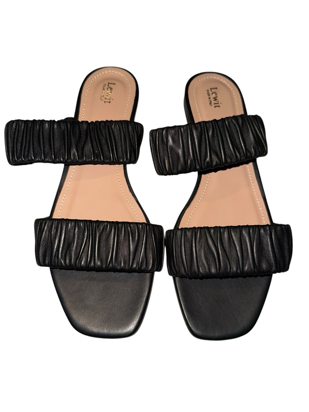 Lewit Italian leather Black Ruched Double-Strap Slide sandals, New! 7.5 37.5